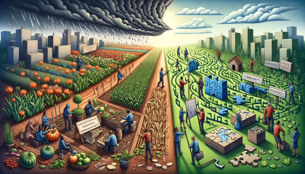 Illustration in a landscape format, capturing the dual aspects of managing an association_ the advantages and the challenges. On one side of the image