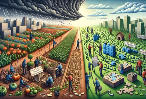 Illustration in a landscape format, capturing the dual aspects of managing an association_ the advantages and the challenges. On one side of the image